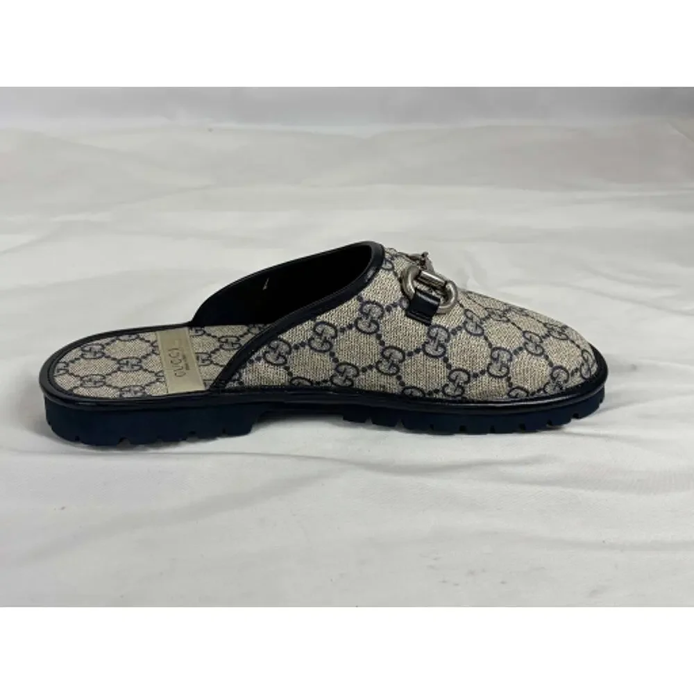 GUCCI Mule Slippers GG Navy Monogram & Silver tone Horsebit Size 5 SPB JA-368398